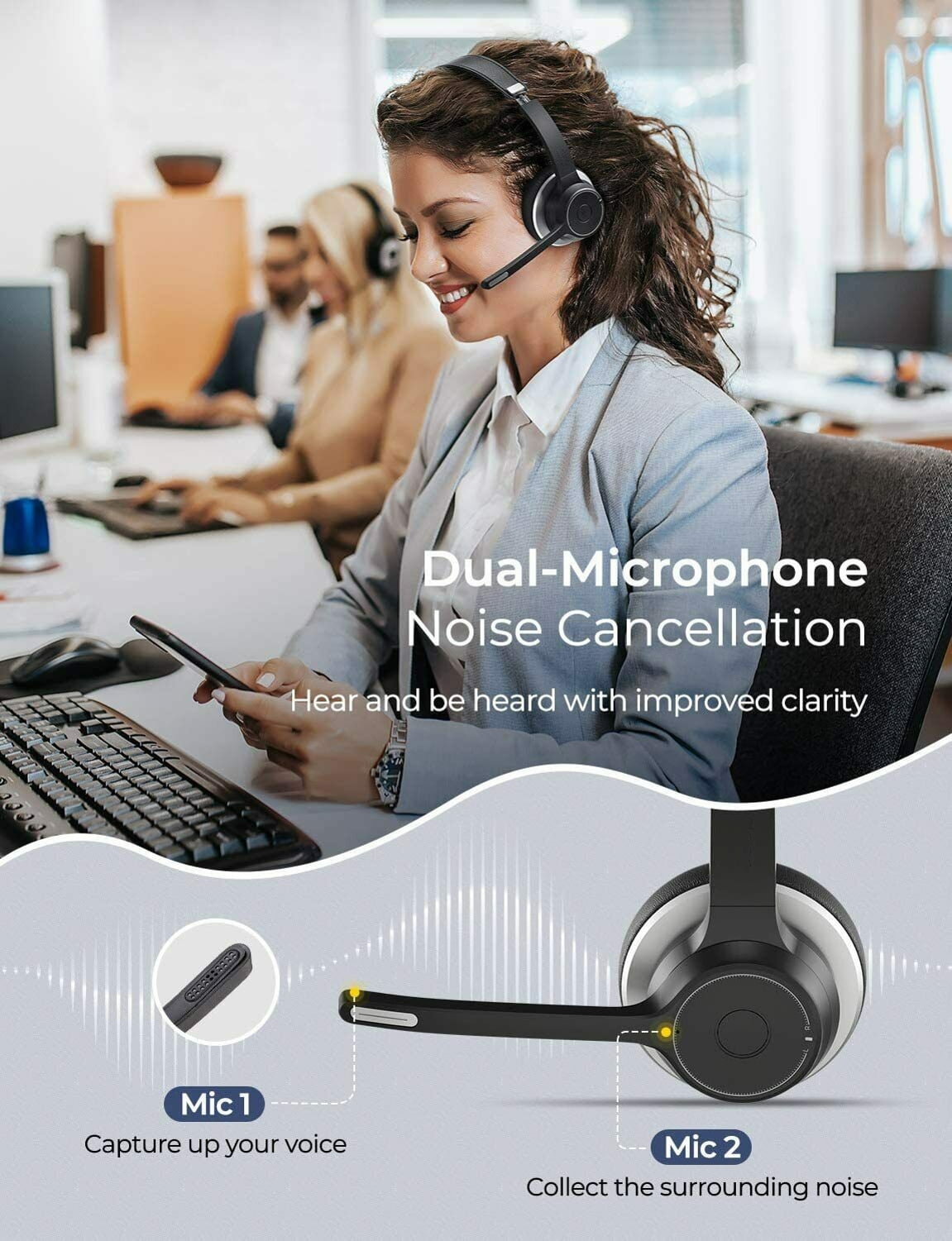 Boom Mic Wireless Over-Ear Headphones for Motorola Razr Plus (2024) - Headset Hands-free Earphones Noise Isolation