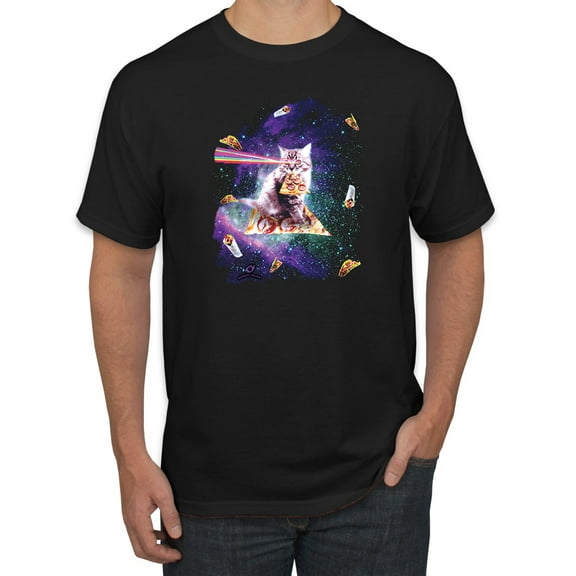 Wild Bobby, Galactic Pizza Space Cat Laser Eyes, Animal Lover, Men Graphic Tees, Black, Small
