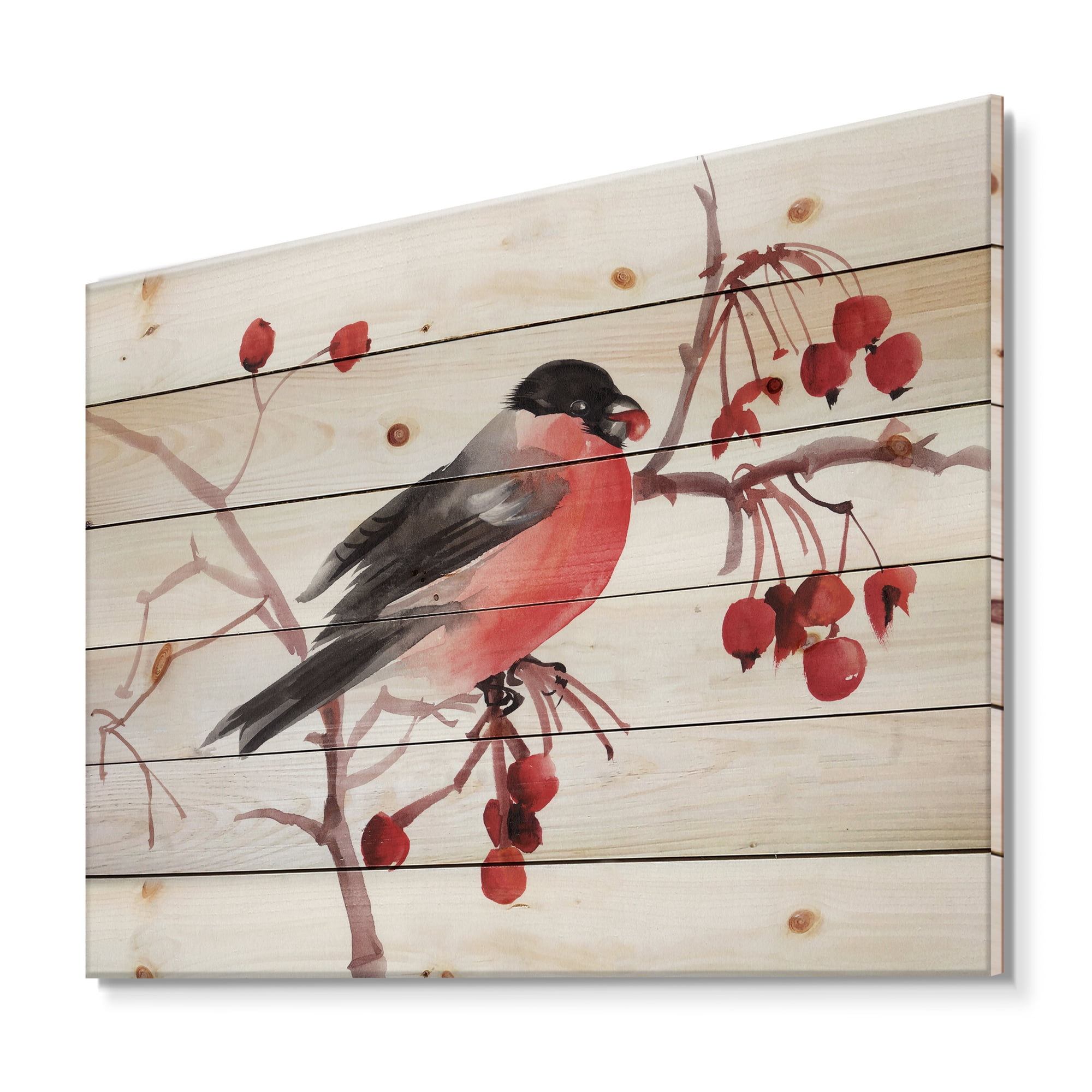 Designart 'Bullfinch Bird Sitting On A Branch' Traditional Print on Natural Pine Wood