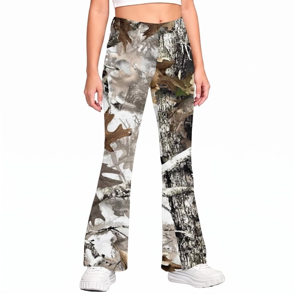 Grblisyd Camo Pants for Girls Flare High Elastic Waist Dress Trousers Fashion Maple Leaf Print Uniform Pants With Button