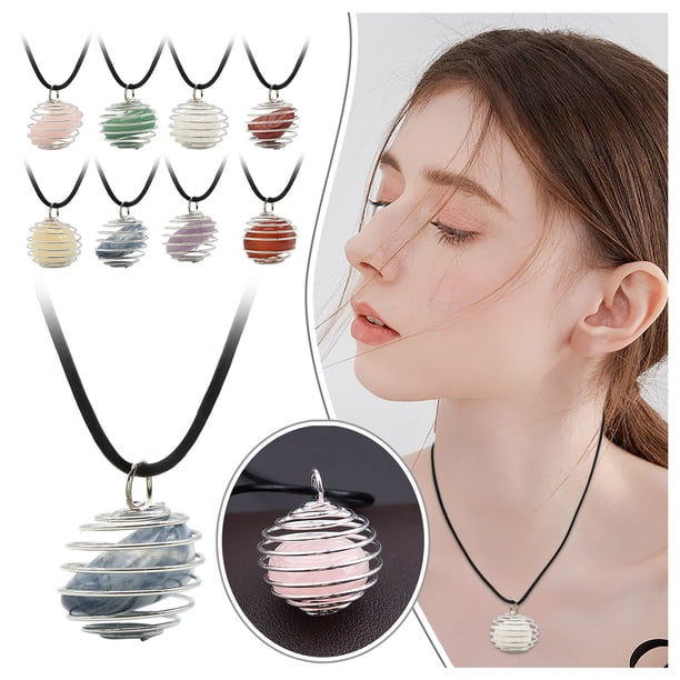 Collar redondo de cuentas de piedra de cristal Collar en espiral de la jaula Colgantes Joyería Collares de piedras preciosas y colgantes