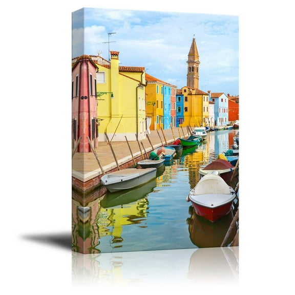wall26 - Canvas Prints Wall Art - Color Houses with Boats on Burano Island Near Venice, Italy | Modern Wall Decor/Home Decoration Stretched Gallery Canvas Wrap Giclee Print. Ready to Hang - 12"