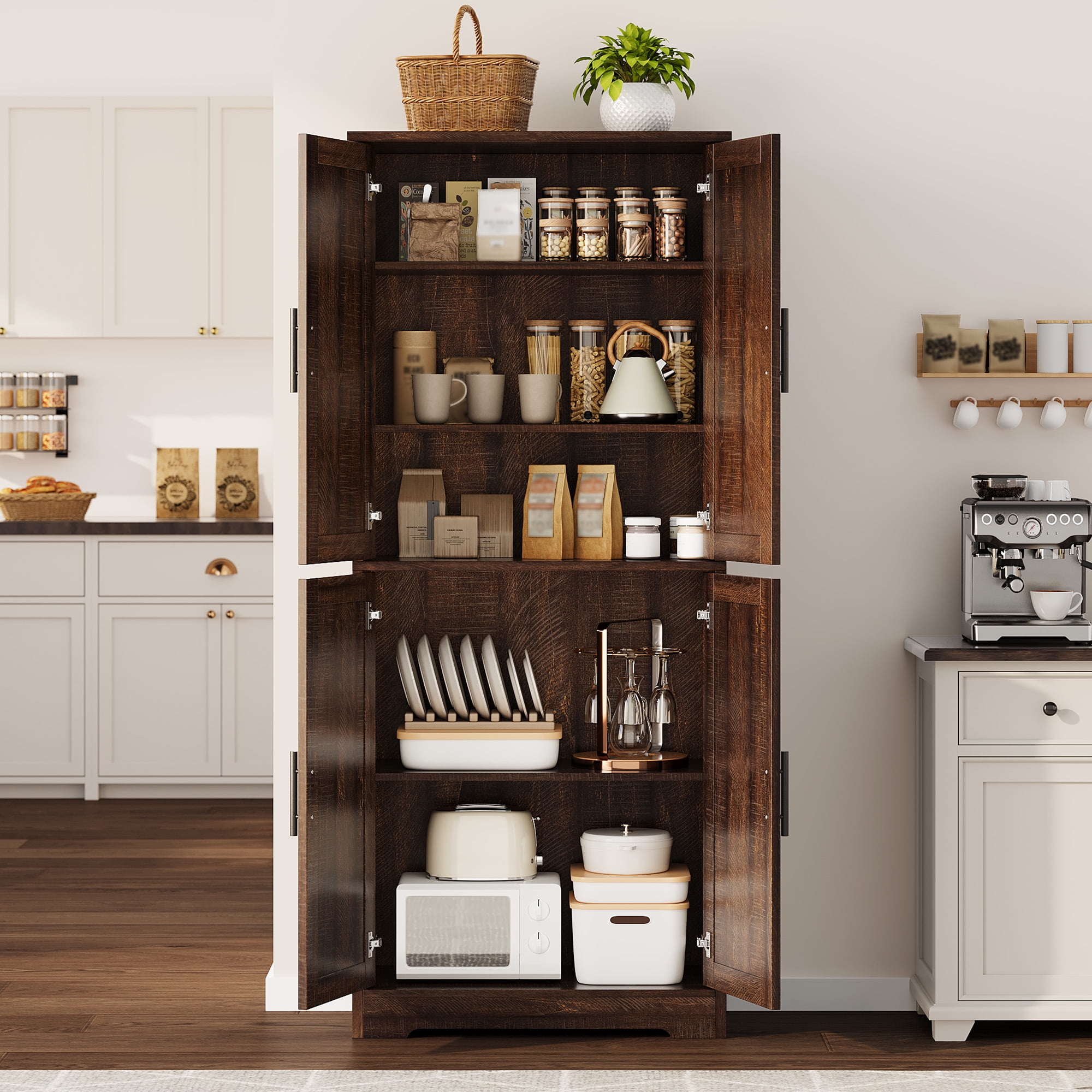 70 Inch Tall Pantry Cabinet - 4-Door Freestanding Storage with Adjustable Shelves, brown Red