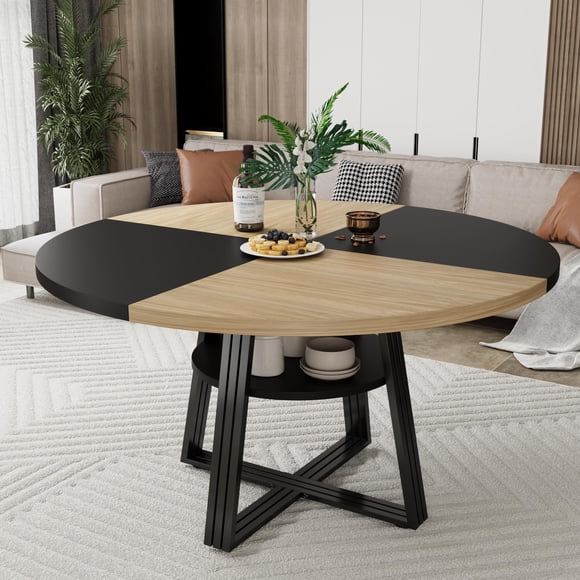Yeshouse Mesa de comedor redonda estilo granja para 4-6 personas con estante de almacenamiento – Mesa de cocina y comedor de madera de 120 cm (47,2") – Ahorra espacio