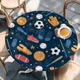 thumbnail image 2 of Sports Theme Round Tablecloth, Fitted Table Cover with Elastic for 45"-54" Round Tables, Cartoon Soccer Baseball Basketball Star Blue Table Cloth Outdoor Indoor Dinning Party Waterproof Tablecloths, 2 of 7