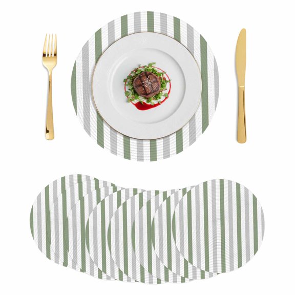 Sage Green Stripe Round 13 Inch Placemats Set of 8, Geometric Grey White Vertical Striped HeatResistant Non Slip Place Mats for Dining Table, Wipeable Braided Kitchen Table Mats for Housewarming