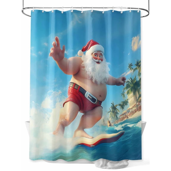 Coastal Christmas Long Shower Curtain Set, Waterproof Shower Curtains for Bathroom, Santa Red Beach Seaside Washable Fabric Cloth Bath Curtain for Bathtub Decoration with Hooks 72x84 Inches