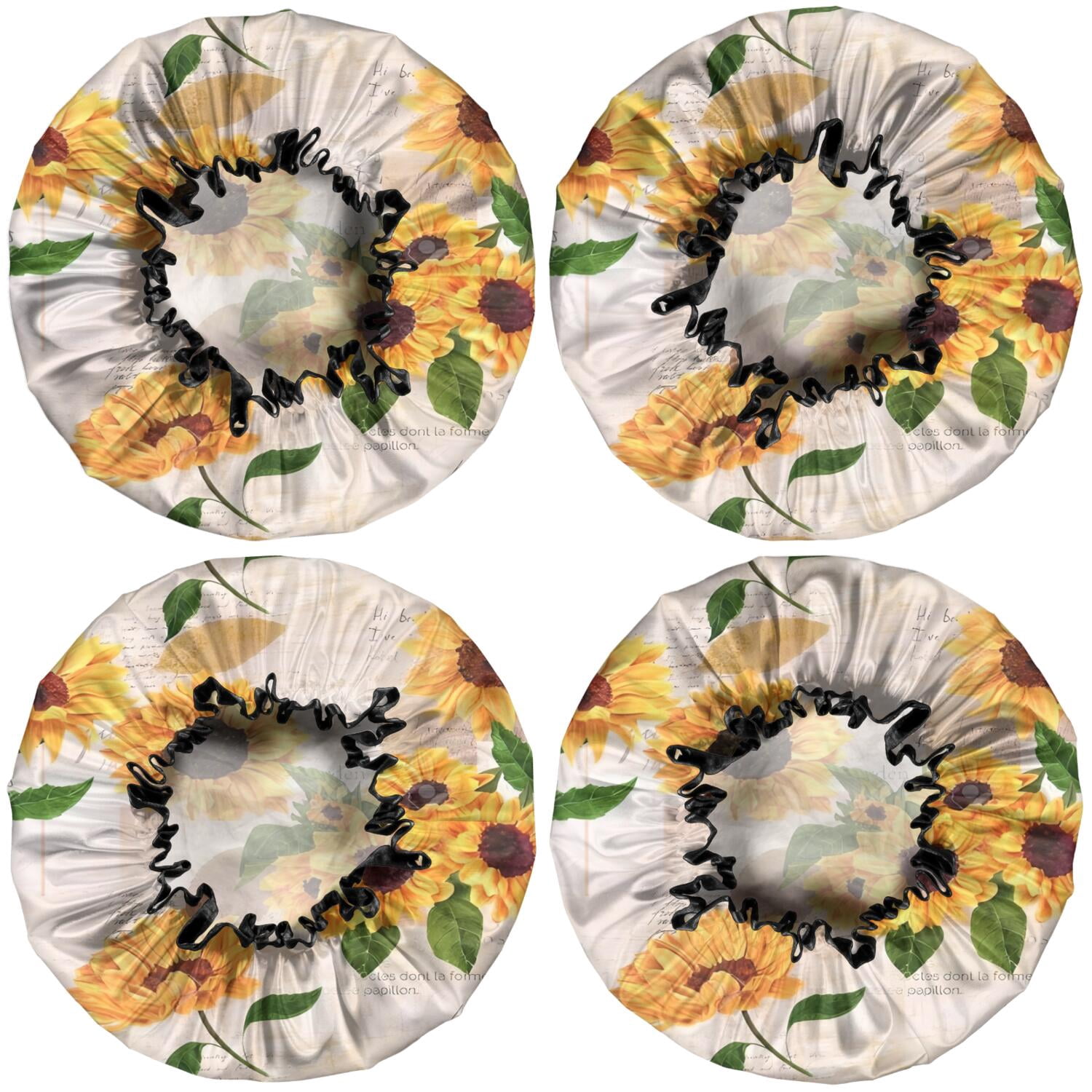 Shower Caps,Leaf Newspaper Text Sunflower Pattern Waterproof Shower Cap for Women 4 Pieces,Double Reusable Hair Cover for Shower PEVA Elastic Stretch Hem