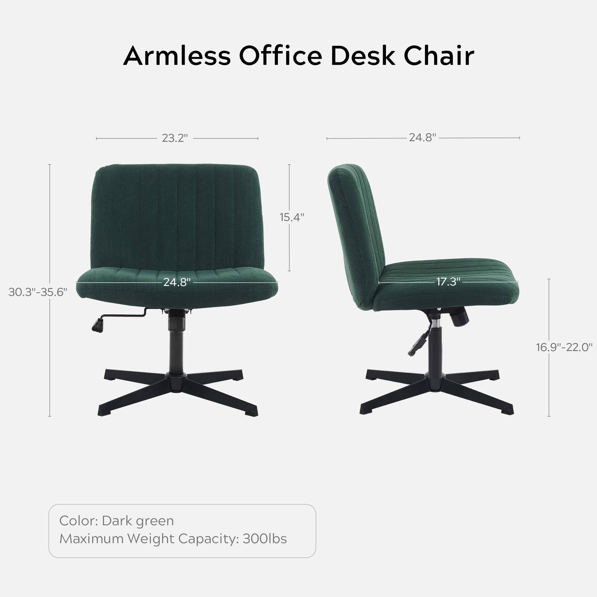 EYYTHUNG Armless Velvet Mid-Back Office Chair, Adjustable Seat and Cushion, Dark Green (Set of 1)