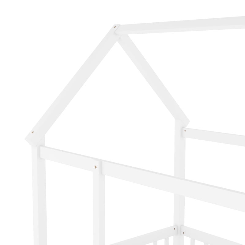 Bellemave Twin Size Montessori Bed, Wood Twin House Beds with Fence, Floor Bed with Roof for Bedroom Playroom（White）
