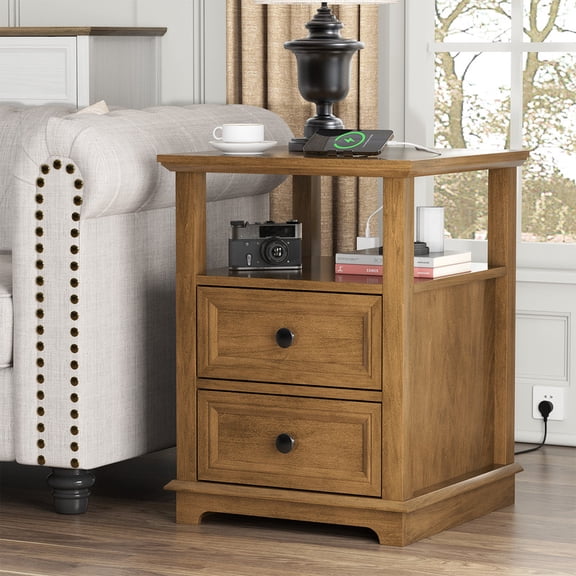 PLAMLE 2 Drawers End Tables With Charging Station For Living Room, Wooden Nightstand with Storage for Bedroom office End Table