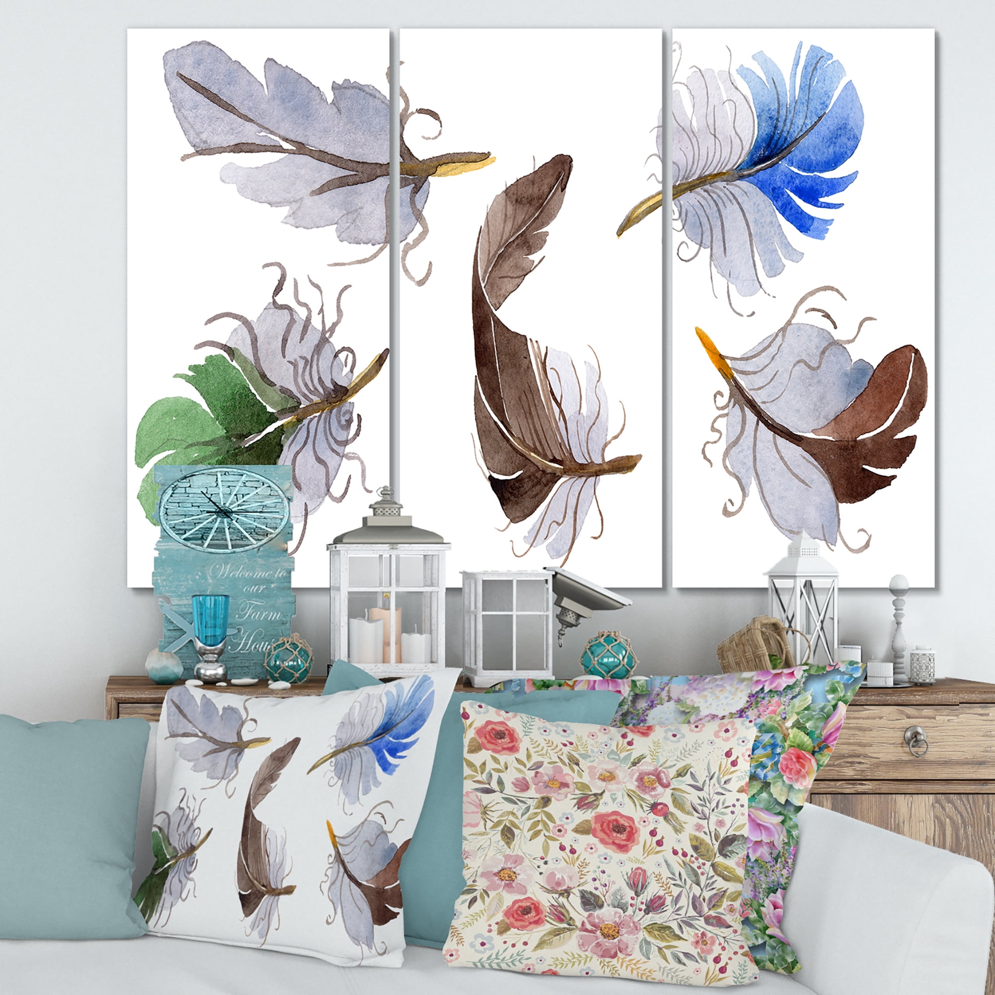 Designart ' Colourful Boho Feather Set On White IV ' Bohemian & Eclectic Canvas Wall Art Print