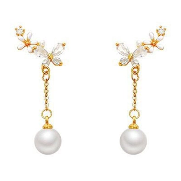 Aguja de plata de cristal de la flor de la perla de la borla Pendientes Mujer Temperamento Luz Pendientes Stud