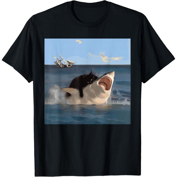 Awesome Cat Biting Shark Humorous Playful Funny Cat and Shark Gifts T-shirt