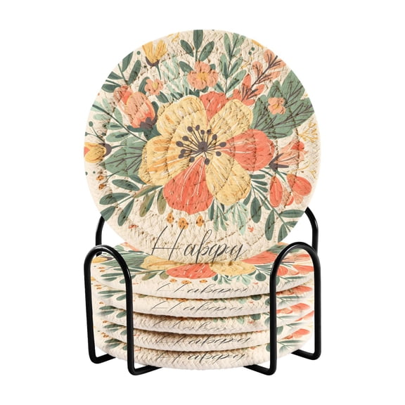 Happy Flowers 6 Pcs Drink Coasters with Holder Absorbent Coasters Woven Coasters for Drinks Table Desk Protection Home Decor