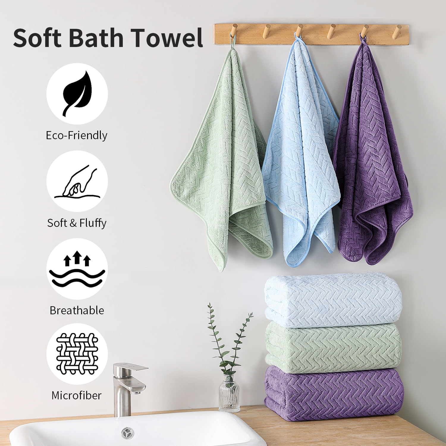 Covina Home 8-Pack Light Green Bath Towel Set, Oversized Ultra Soft Microfiber Bathroom Towel Set Adult Luxury Lightweight Cozy Collection