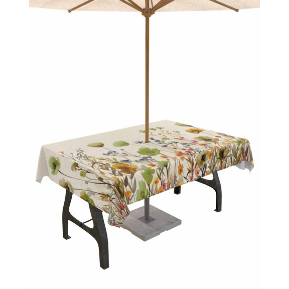 Fsddascl Sage Green Yellow Spring Floral Outdoor Tablecloth - 52x70 Inch Table Cover, Watercolor Botanical Summer Flowers Waterproof Outdoor Table Cloth with Umbrella Hole & Zipper for Patio