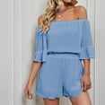 thumbnail image 2 of REORIAFEE Women Rompers Dressy Short off the Shoulder Short Sleeve Playsuit Solid Color Womens Rompers Sexy Flare Sleeve Chiffon Short Jumpsuit Womens Romper Dress for Summer Dressy Blue L, 2 of 8