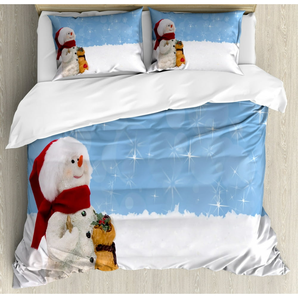 Snowman Duvet Cover Set Queen Size, Winter Time Theme Cute Snowman with