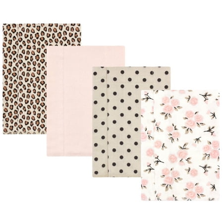 Hudson Baby Infant Girl Cotton Flannel Burp Cloths Neutral Pink Floral 4 Pack One Size