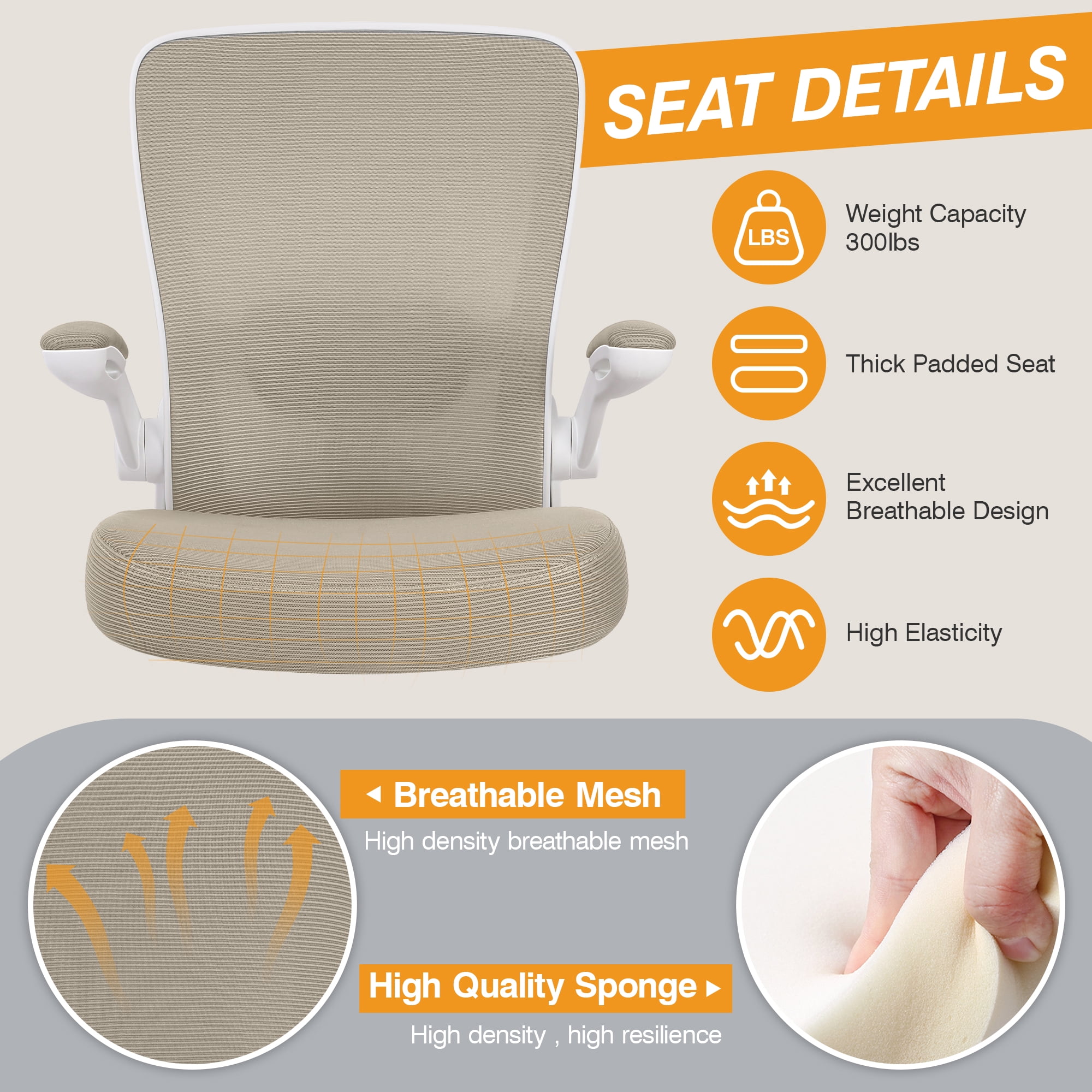 COOLHUT Home Office Chair with Flip-up Armrests for Standing Desk, Ergonomic Computer Office Desk Chair with Adjustable Foot Ring, Office Desk Chairs with Adjustab Lumbar Support, Khaki