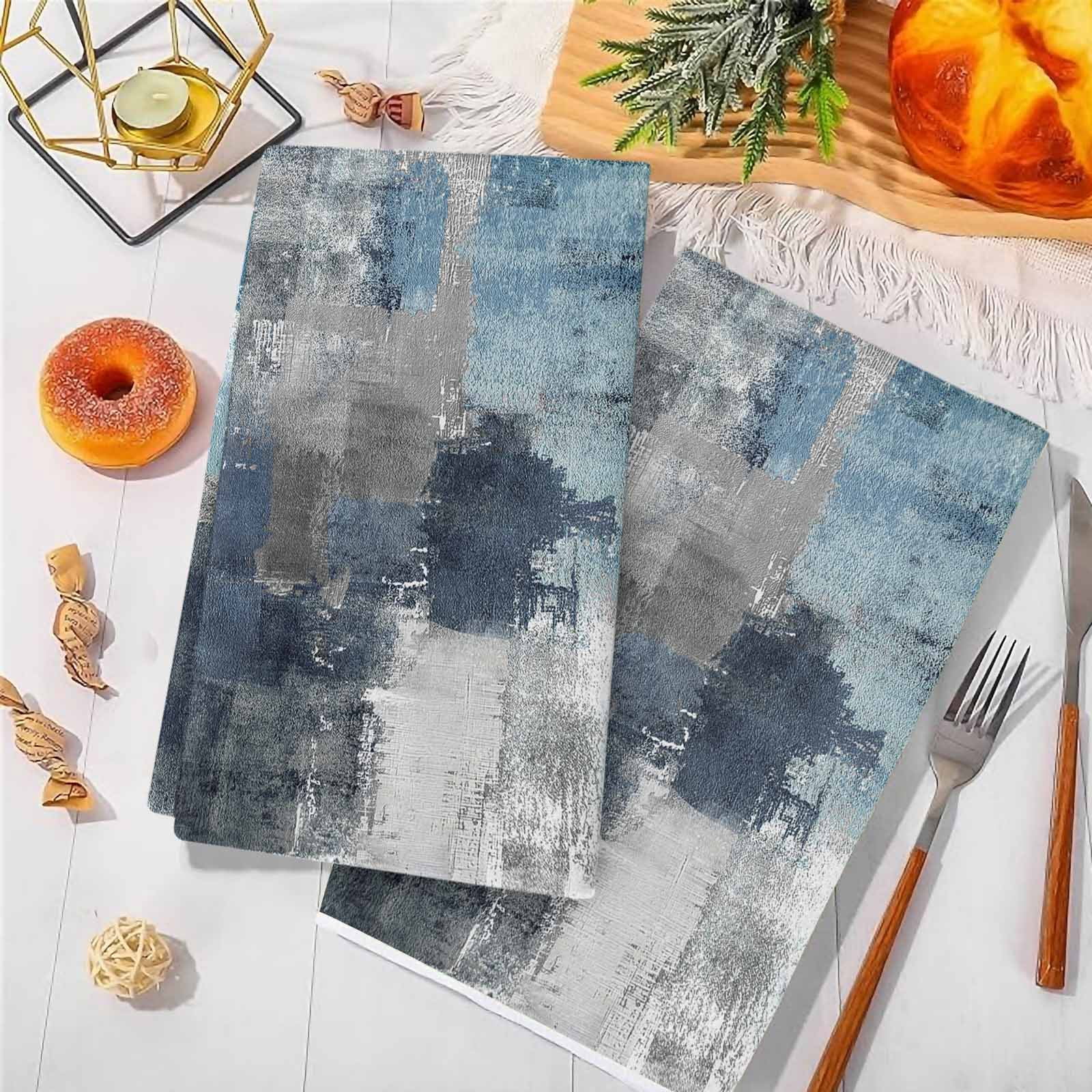 Navy Blue Grey Kitchen Towels Set of 2, Modern Oil Painted Abstract Art Aesthetics Soft Microfiber Dish Towels, Absorbent Washable Dishcloths for Kitchen Cleaning, Drying Dishes, 18x28 Inches