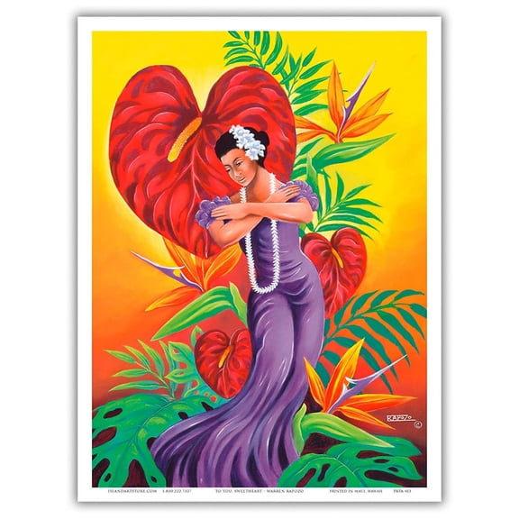 To You Sweetheart - Hawaiian Hula Dancer - From an Original Color Painting by Warren Rapozo - Master Art Print (Unframed) 9in x 12in