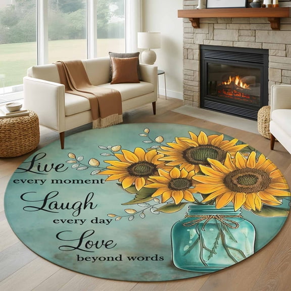 Vintage Sunflower Round Area Rug 6 FT, Non Slip Bedroom Area Rug, Teal Retro Summer Botanical Floral Washable Soft Circular Carpet Floor Mat for Kitchen Dining Room Home Office Kids Room
