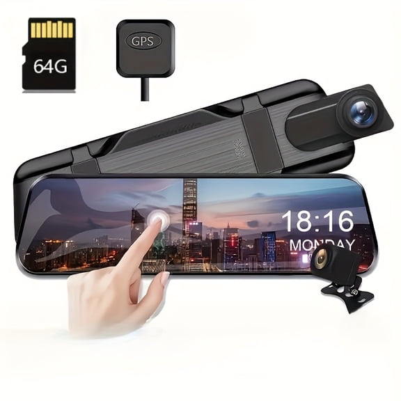 9.66" IPS Touch Car Mirror Dash Cam - 2K/1080P Front/Rear, GPS, Night Vision, G-Sensor, 150° 120° Wide Angle