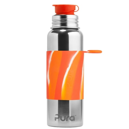 Pura 28 OZ / 850 ML Stainless Steel Water Bottle with Silicone Sport Flip Cap & Sleeve Orange Swirl(Plastic Free, Nontoxic Certified, BPA