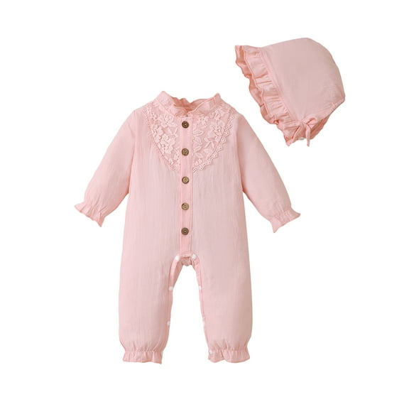 KIMI BEAR Infant Baby Girls Bodysuits 12-18 Months Fall Winter Baby Girls Romper Solid Color Long Sleeves Romper Button Down One-piece Overalls with Hat Pink