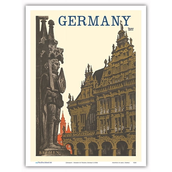 Germany - Bremen Roland Statue and Town Hall - Vintage Travel Poster by Friedel Dzubas c.1930s - Master Art Print (Unframed) 9in x 12in