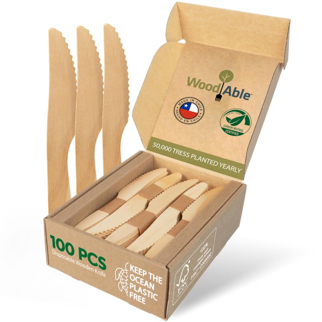 Cuchillos desechables de madera WOODABLE 100 unidades 16,5 cm ecológicos