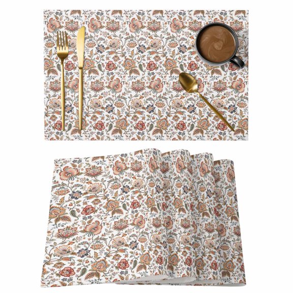 Fall Floral Placemats Set of 2 Country Vintage Botanical Brown Flowers Green Leaf Heat Insulation Washable Place Mats, Non-Slip Table Mats for Dining Table Party Kitchen Decor, 13x19 Inch