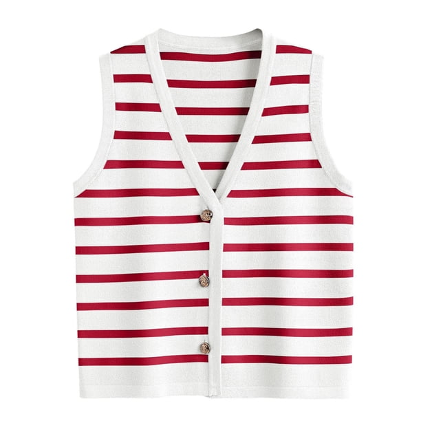 Chaleco de punto sin mangas con botones y rayas para mujer - Camiseta corta para el trabajo/informal