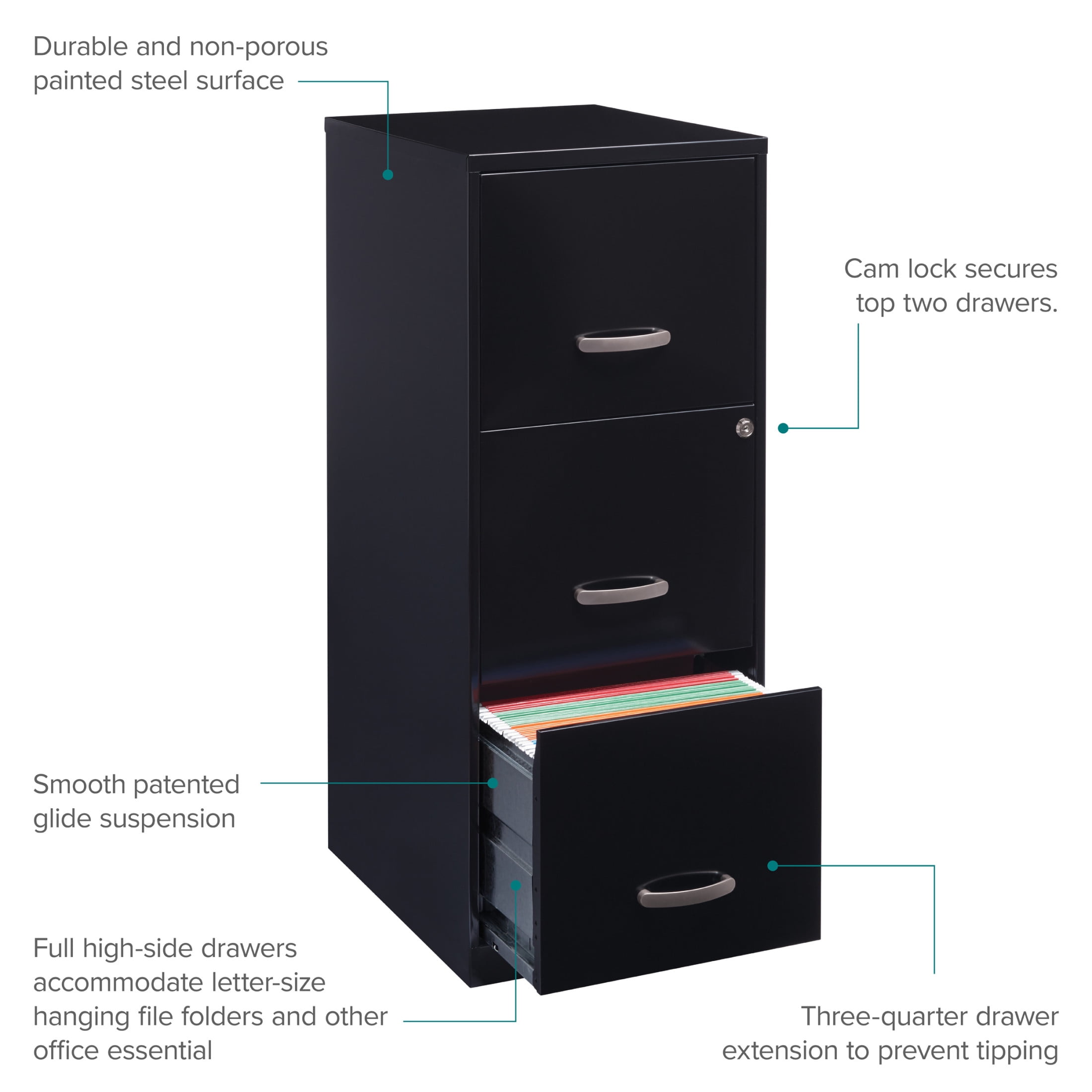 Space Solutions Metal 3 Drawer Vertical File Cabinet with Lock in Black