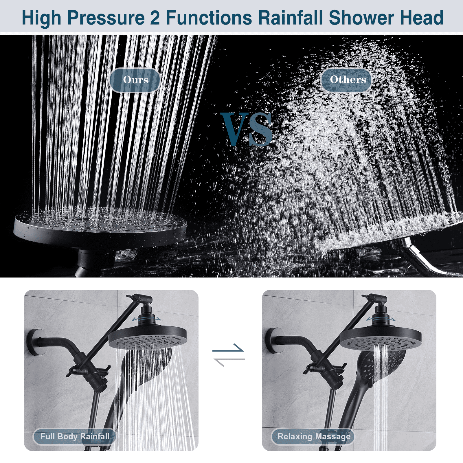 BRIGHT SHOWERS Rain Shower Head with Handheld Spray Built-in Power Wash, High Pressure Dual Shower Head with Height Adjustable Extension Arm, 3-Way Diverter, 9 Settings Handheld, 69” Long Hose, ORB