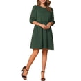 thumbnail image 1 of Vestido casual smock con mangas abullonadas y bolsillo para mujer Inspire Chic, color verde oscuro, talla M, 1 of 6