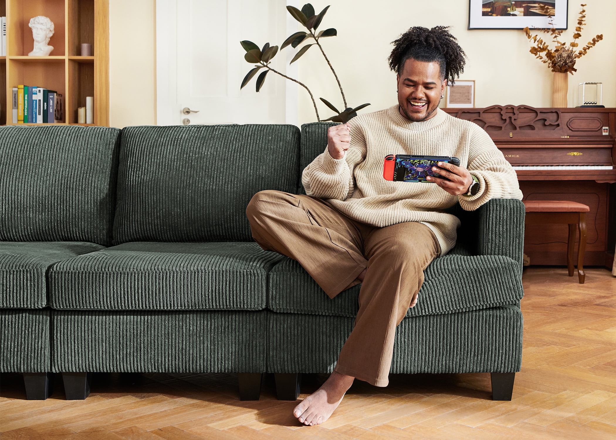 HONBAY Sectional Corduroy Sleeper Sofa Bed U Shaped Convertible with Hidden Storage Ottomans for Living Room, Green