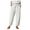 thumbnail image 1 of Pantalones harem elásticos de color liso para mujer: mezcla de algodón y cáñamo, corte holgado, informales para todas las estaciones/playa, 1 of 6
