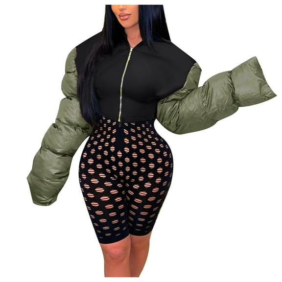 IROINNID Women's Short Puffer Coat Solid Color Long Sleeve Jacket Down Padded Jacket Zipper Slim Fit Warm Patchwork Jacket, Green