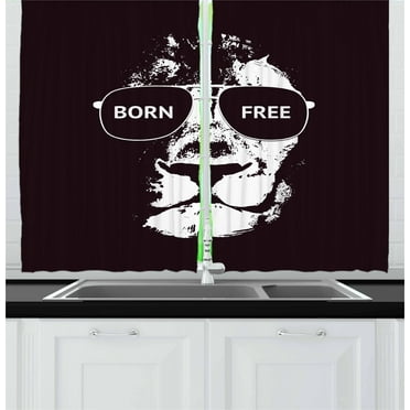 Ambesonne Saying Kitchen Curtains, Lion Glasses, 55"x39", Black and White