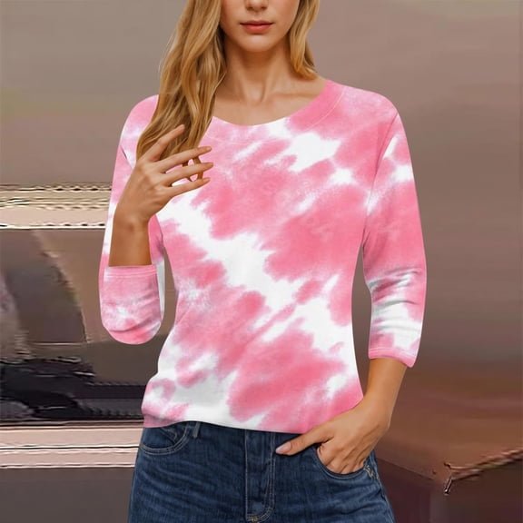 Njagoc3 Womens Short Sleeve Gradient Tie-Dye Dyed-Position Print V-Neck Button Detail Loose Fit T-Shirt