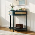 thumbnail image 2 of Hassch Half Moon Shaped Console Table, Small Entryway Table with Rattan Doors, Modern Sofa Table with Open Shelf for Living Room, Hallway, Antique Green, 2 of 10