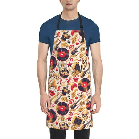 

Pofeuu gold Skull Guitar record Print Waterproof Apron with Pockets Adjustable Cooking Aprons Kitchen Bib for Baking Household Cleaning