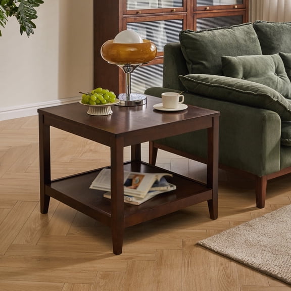 Walnut Solid Wood 19.68" Square End Table with Storage Shelf,2-Tier Side Table for Living Room,Bedroom or Sofa,Space-Saving Nightstand,Easy Assembly