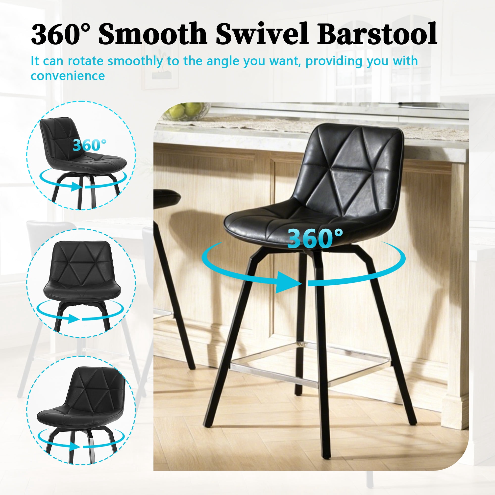 ClinQ 26 inch Swivel Counter Height Bar Stool Set of 3, Faux Leather Seat with Metal Legs and Back, Black-Silver Footrest