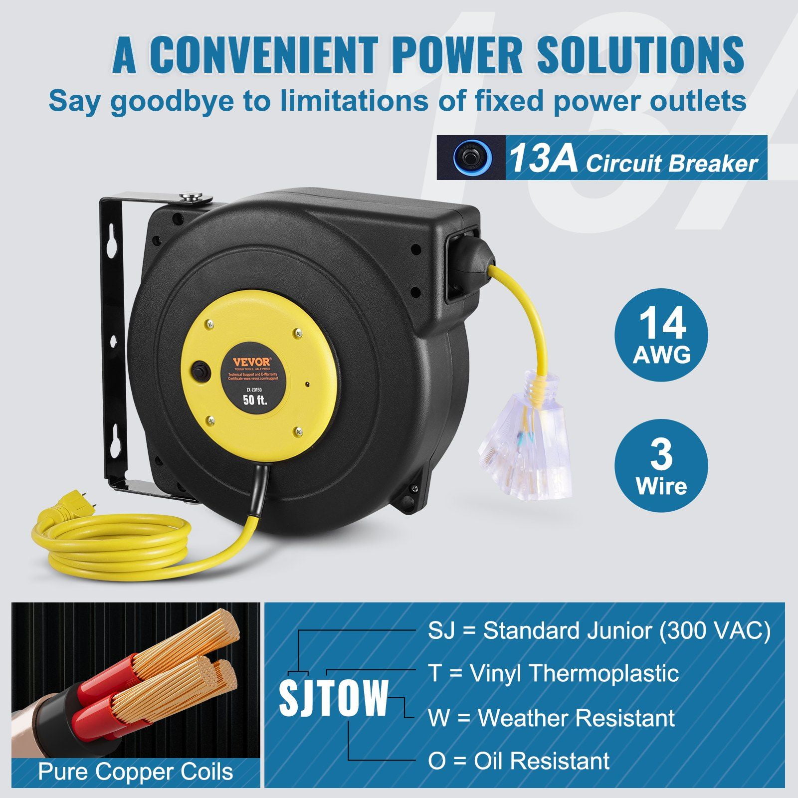 50FT Retractable Extension Cord Reel – 14AWG/3C Heavy Duty Power Cord w/ 3-Outlet Socket – Auto Rewind & Overload Protection (1625W, 13A, 125V)