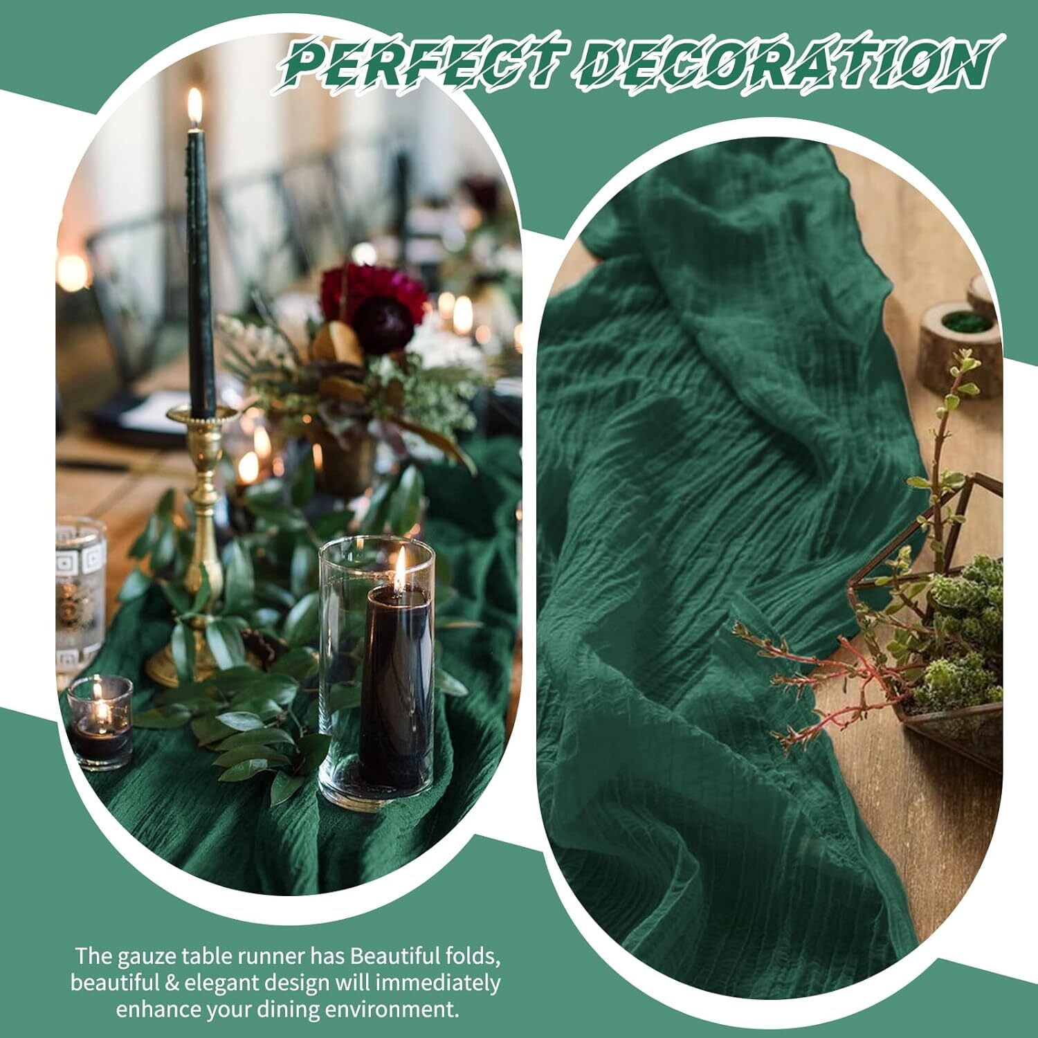 10 Pack Emerald Green Cheesecloth Table Runner 17x108 Inch Boho Gauze Cheese Cloth Table Runners for Wedding Party Baby Shower Birthday Home Decor