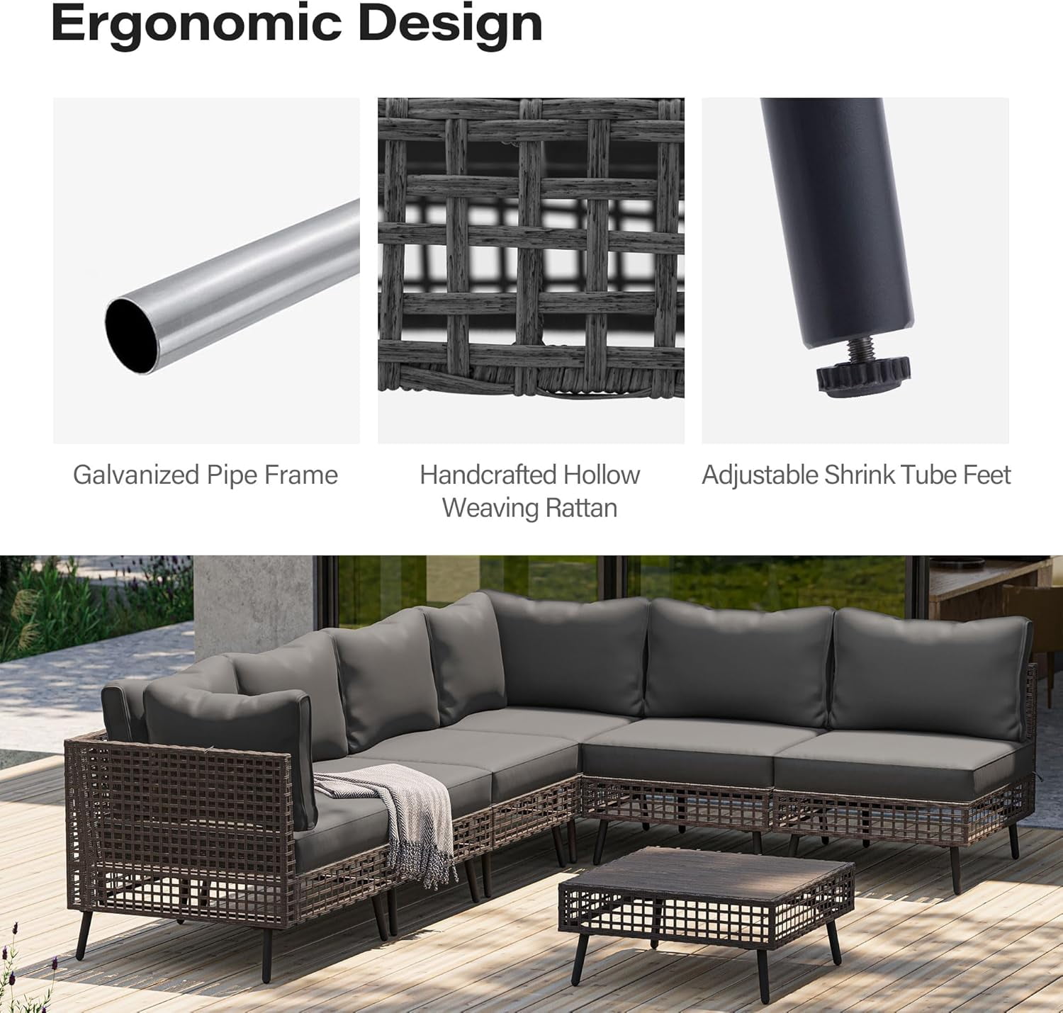 KAMEROUT 7-Piece Outdoor Wicker Patio Furniture Conversation Set, Sectional Sofa with Cushions, Gray